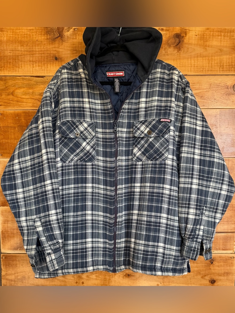 Craftsman Mens Flannel Plaid Zip Up Insulated Work Wear Hooded Jacket Mens XL